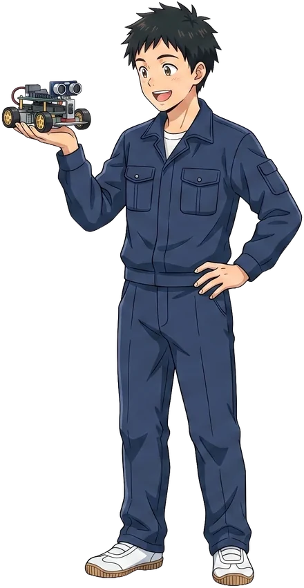 つなぎ姿でマイコンカーを手にしただいき