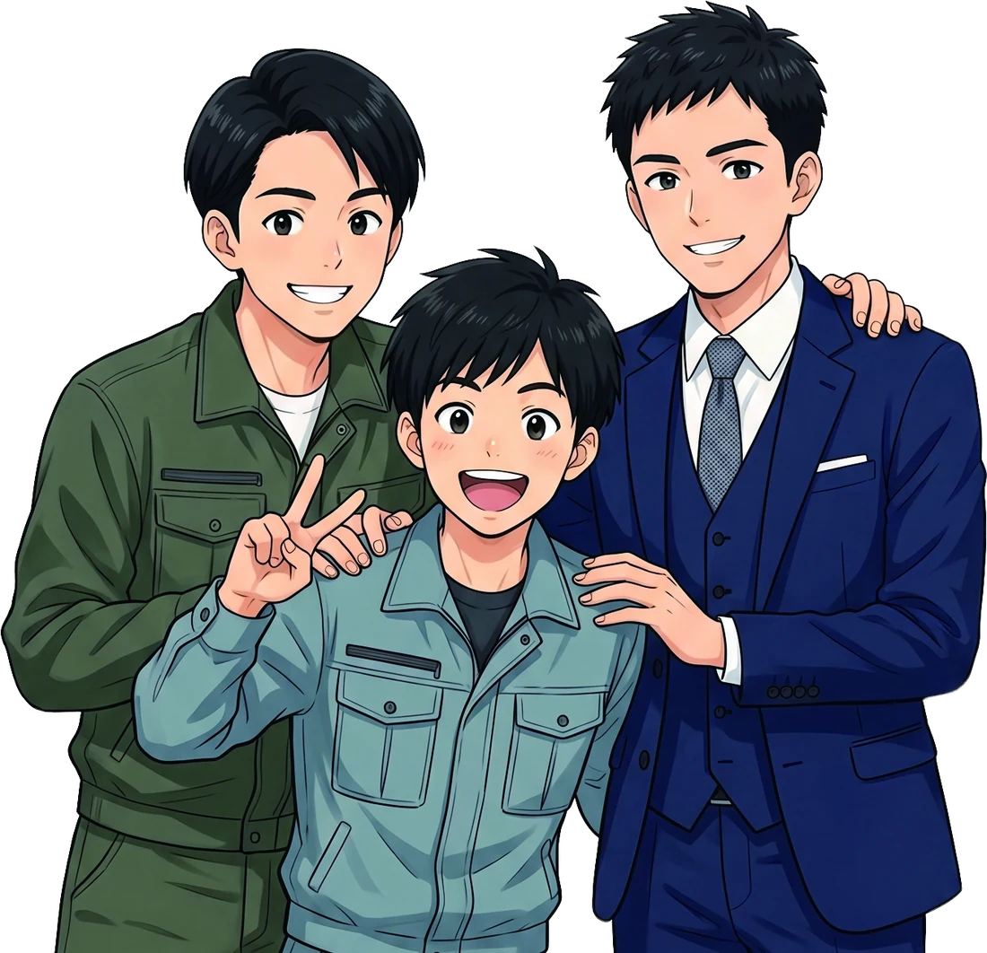 作業服とスーツ姿で肩を組む三兄弟のイラスト（上半身）