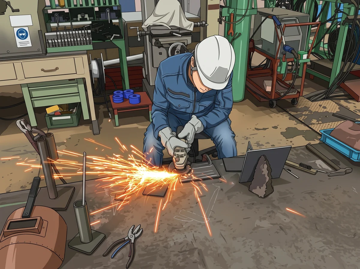 火花を上げながら金属を加工する実習