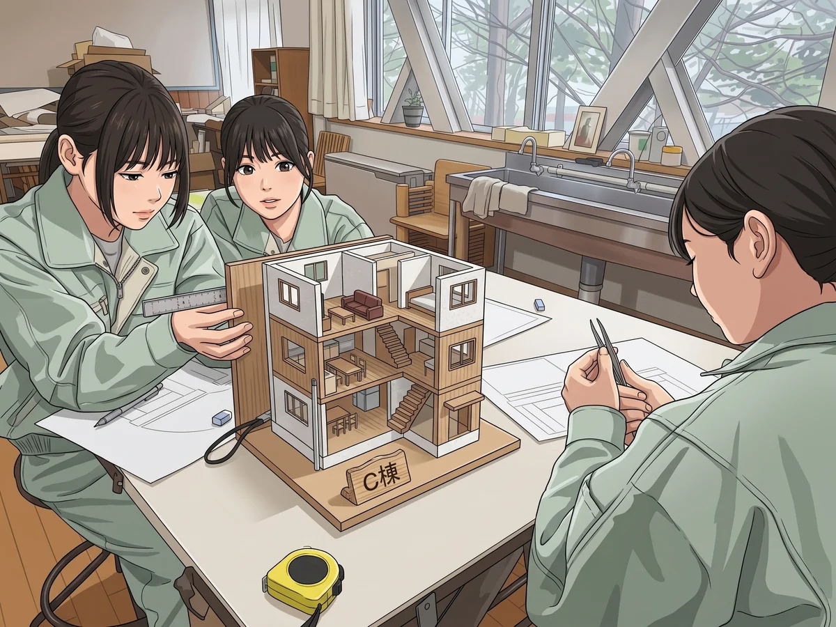 住宅模型を囲んで話し合う生徒たち