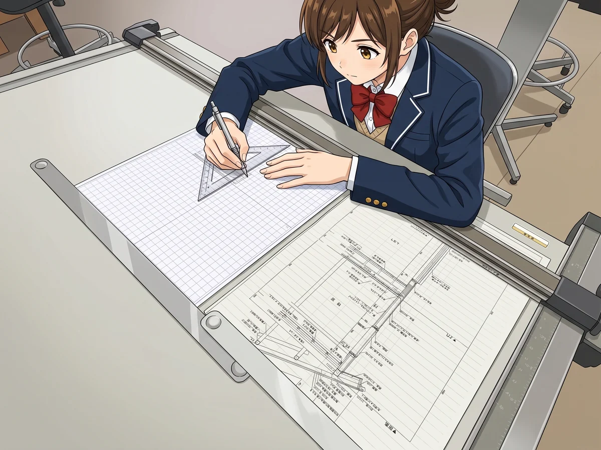 製図板に向かって図面を引く生徒