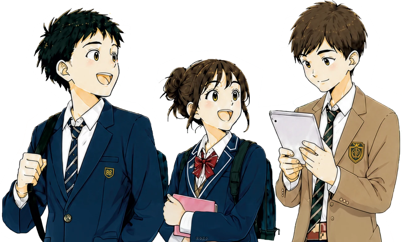 制服姿の高校生3人が、タブレットや教科書を手に笑顔で立っている